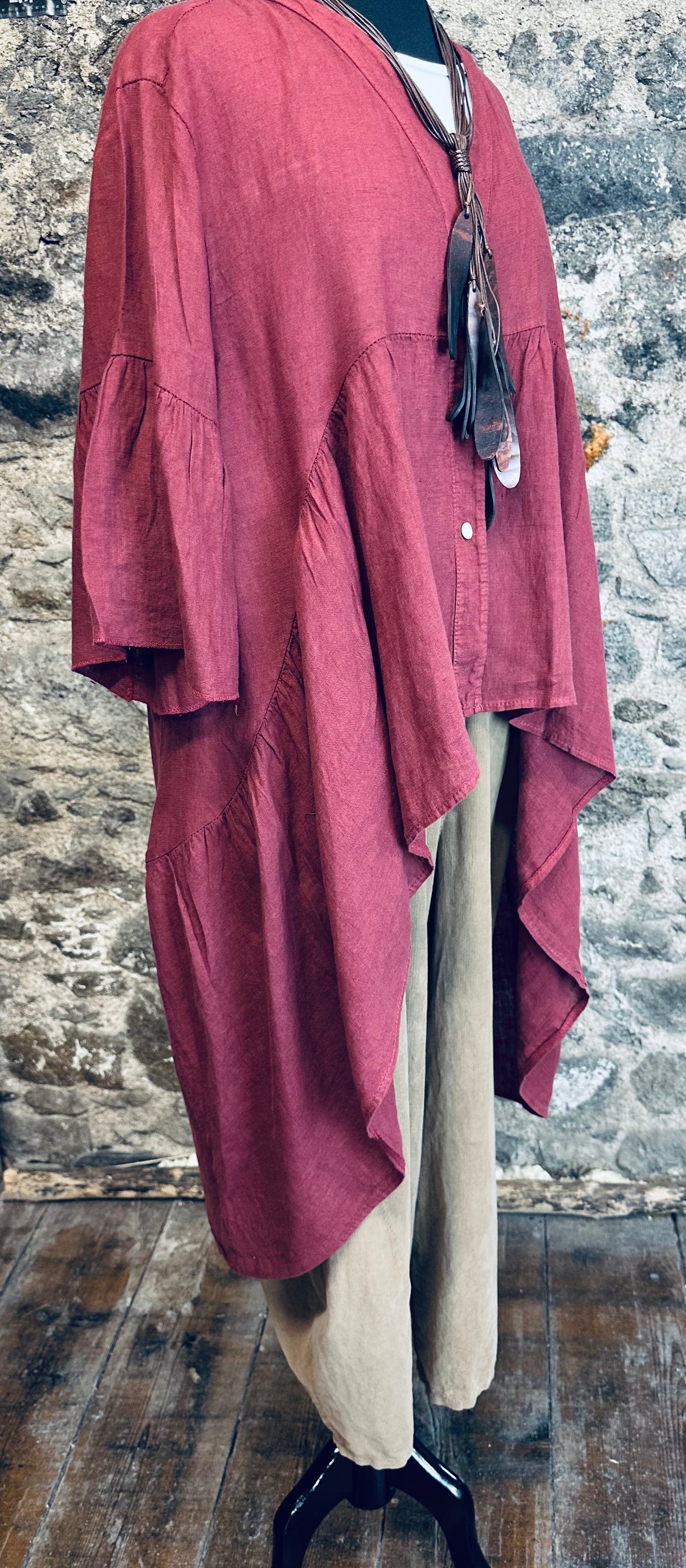 “Renee” Bordeaux Italian linen hi lo dress shirt