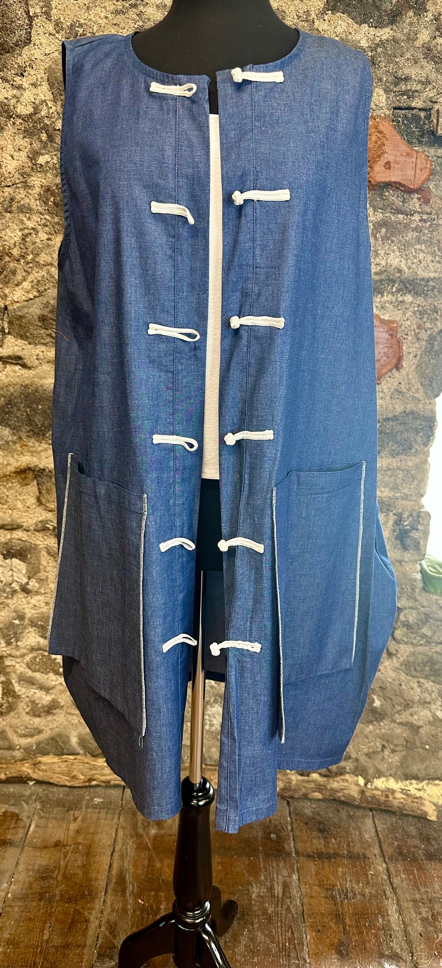 “Leia “ indigo soft denim Italian  mandarin waistcoat