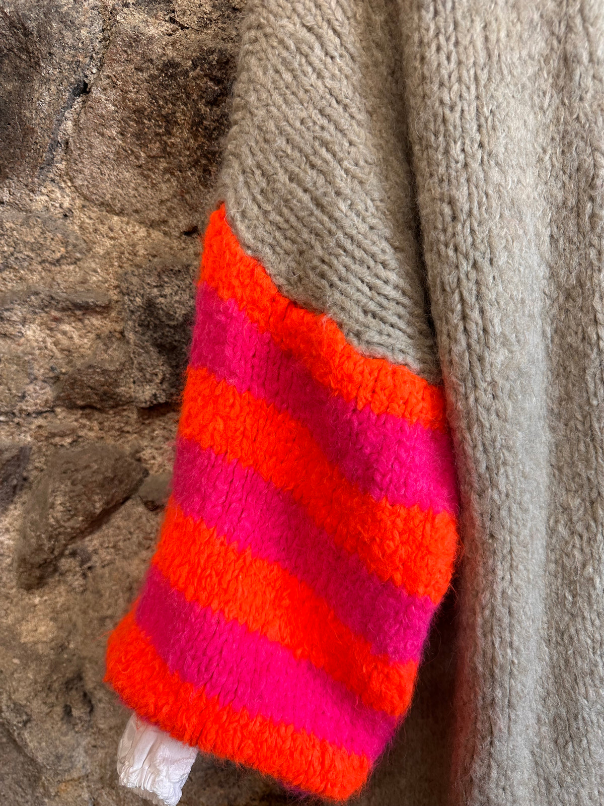 “Elsie “ neon sleeve mocha Italian open front cosey knit