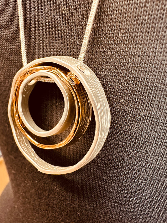 Statement 3 circle silver and gold plated long necklace