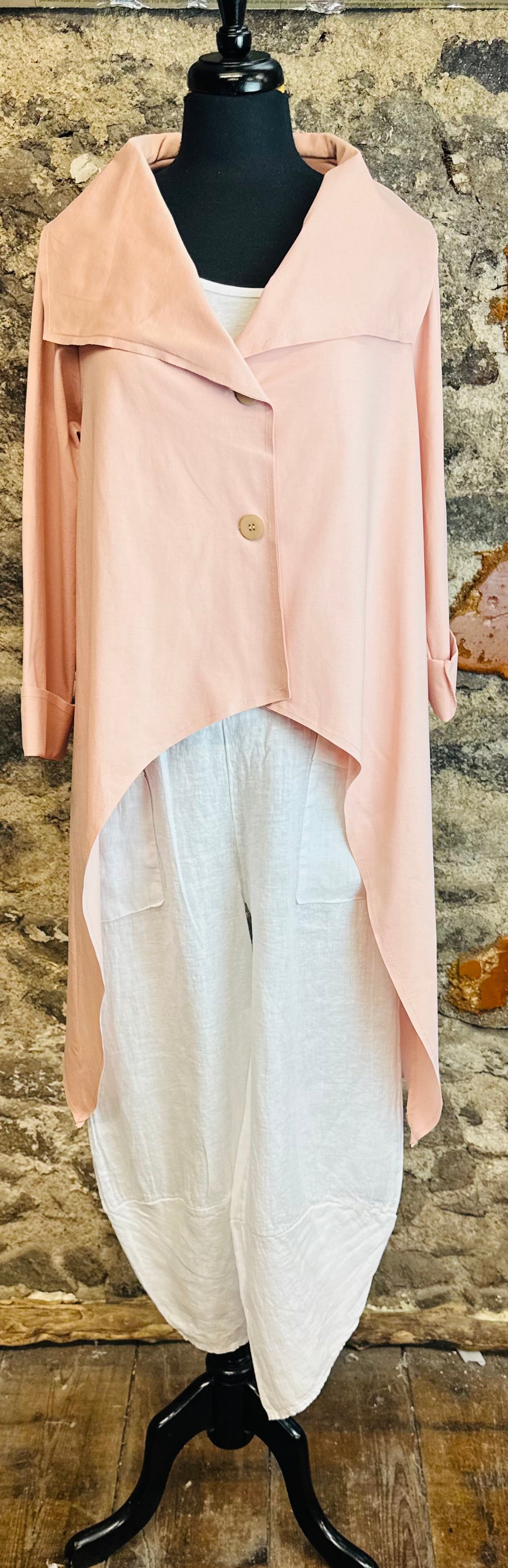 “Mira “ blush salmon Italian dipped hem jacket