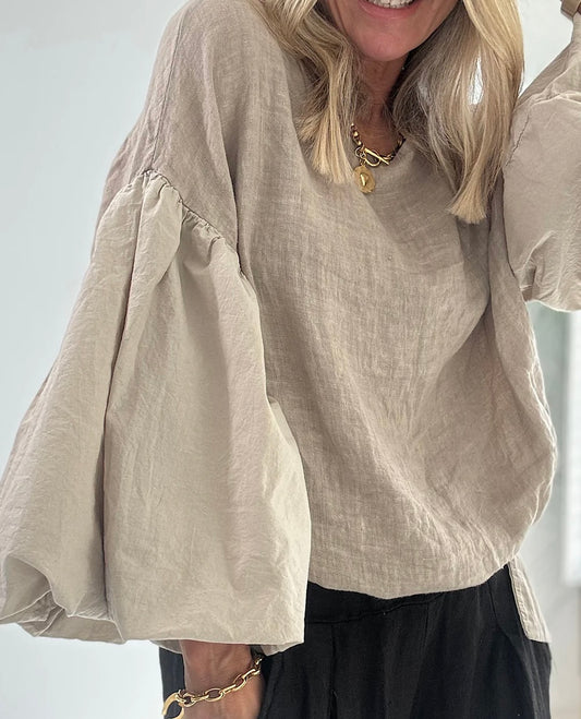 “Petra “ mocha Italian linen /cotton puff ball sleeve shirt