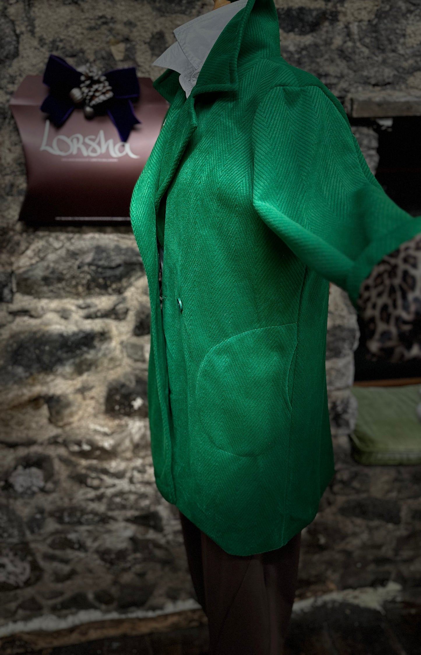 “Lydia “ chevron corduroy emerald Italian dress coat