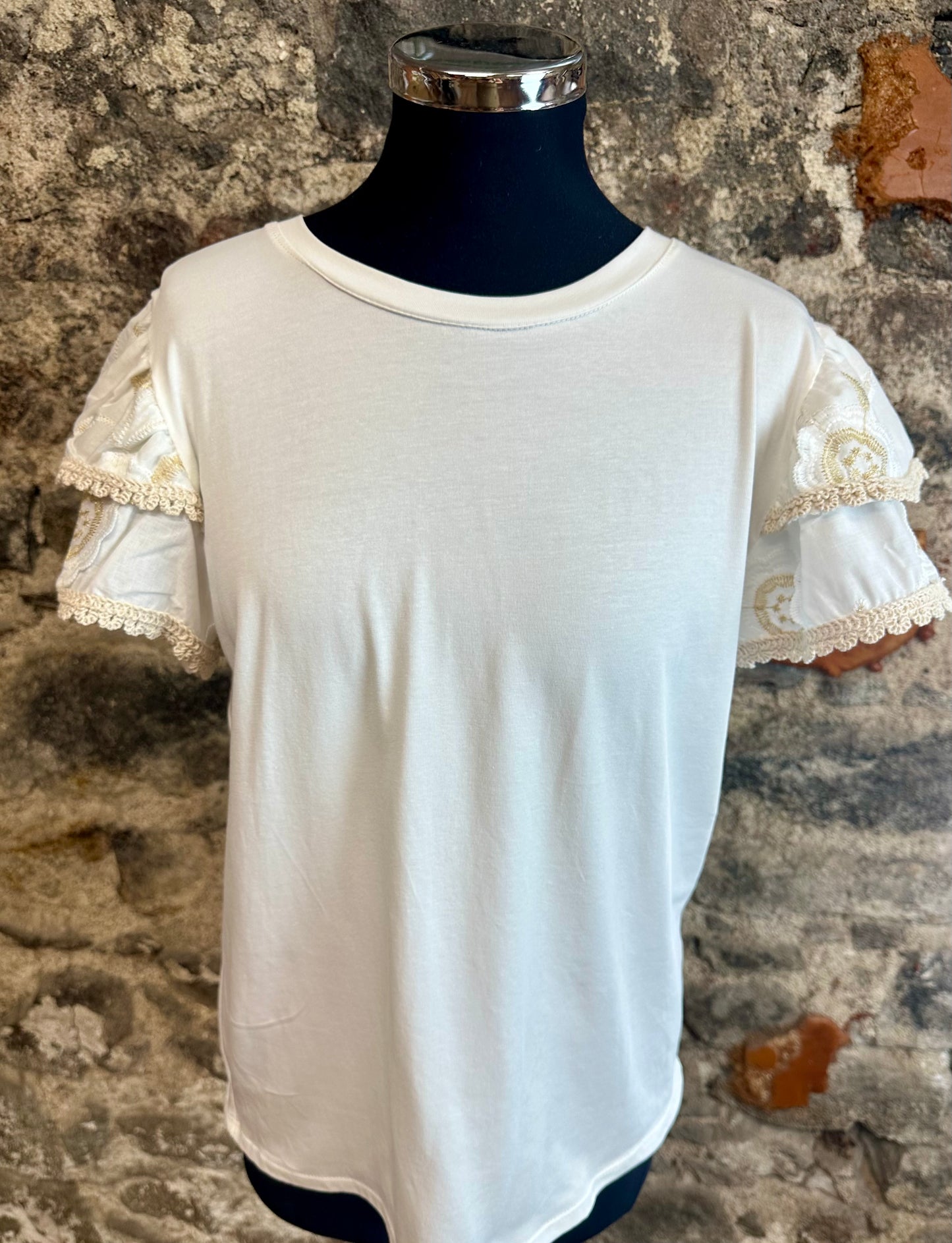 “Chloe” embellished sleeve natural tshirt