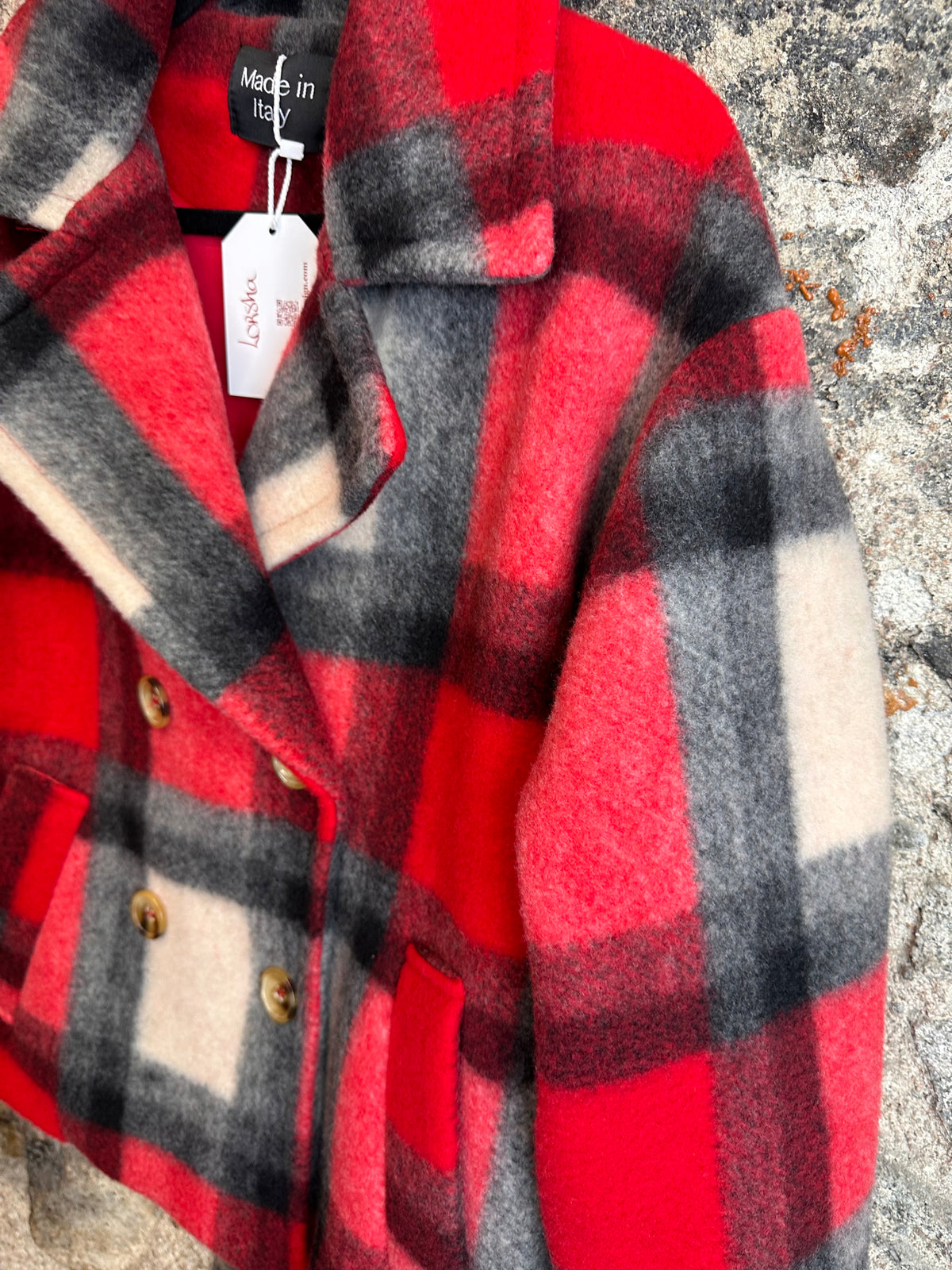 “Rita” Italian cherry charcoal and ivory check wool mix shacket cosey coat