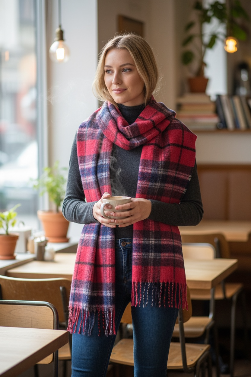 Cosey navy and rose red plaid wrap