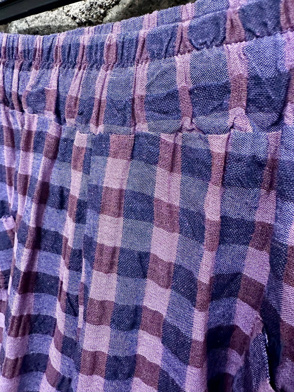 “Riley “ navy and lilac plaid Italian cocoon pants