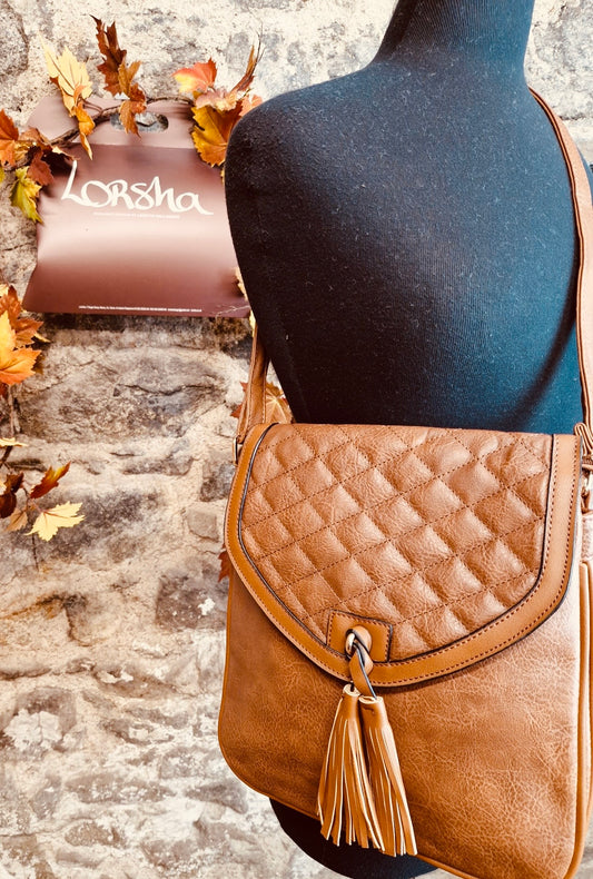 “Poppy “ vegan tan crossbody tassle bag