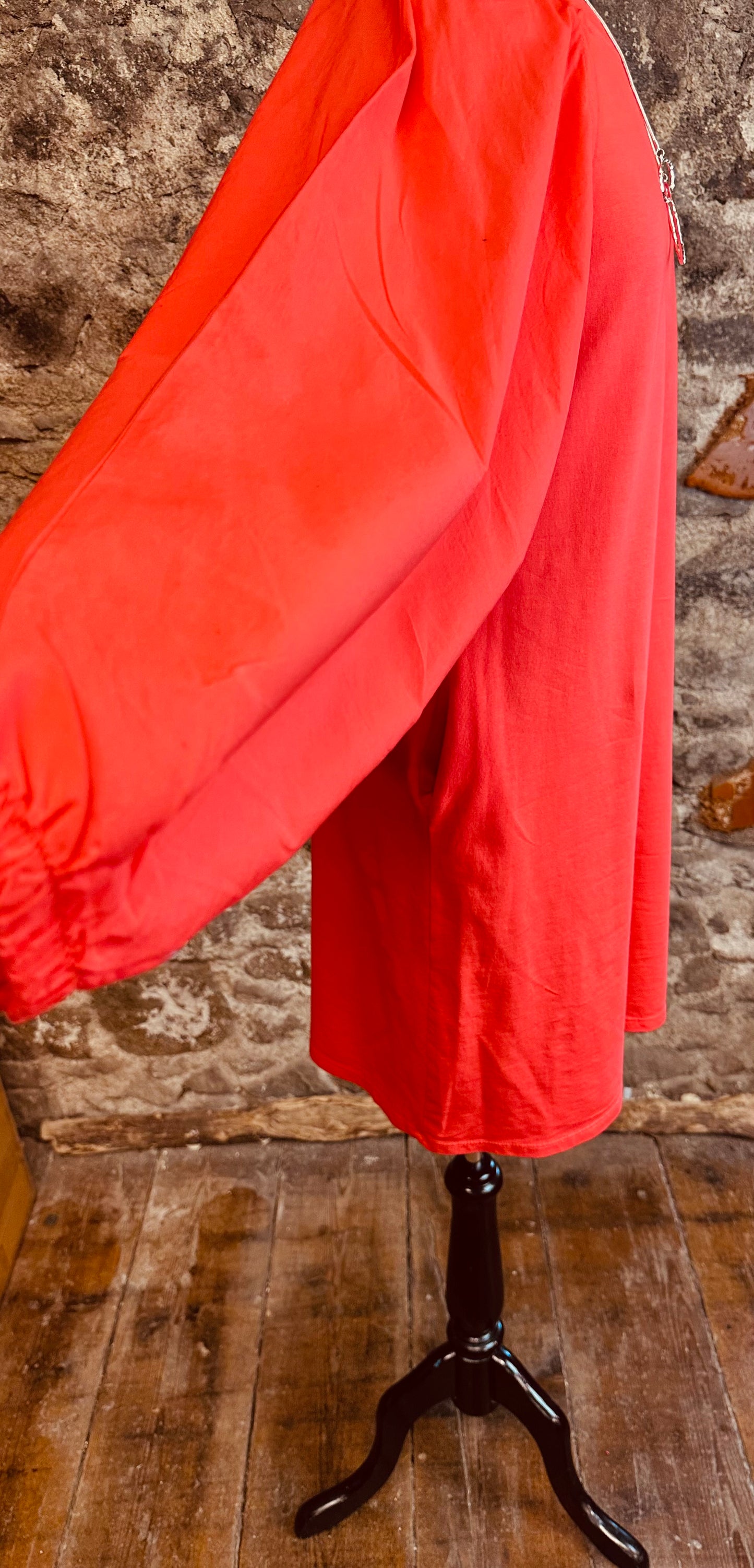 “Nancy “ contemporary coral Italian jersey and cotton caped dress