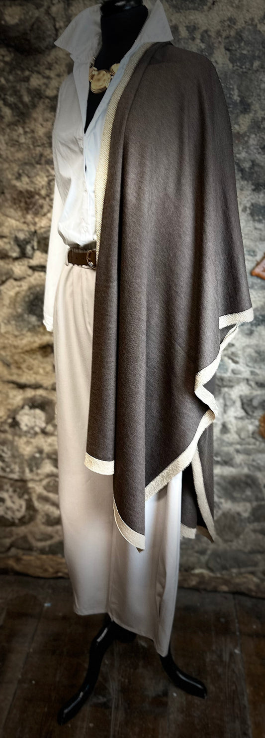 Chocolate fine  knit wrap with gold trim