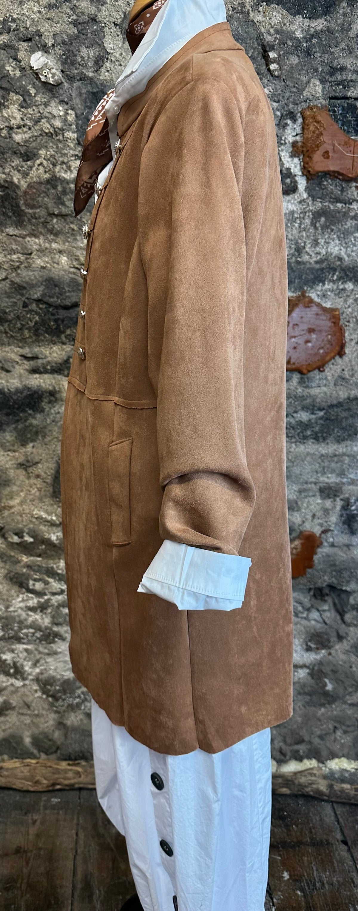 “Freida “ tan faux suede mid length jacket