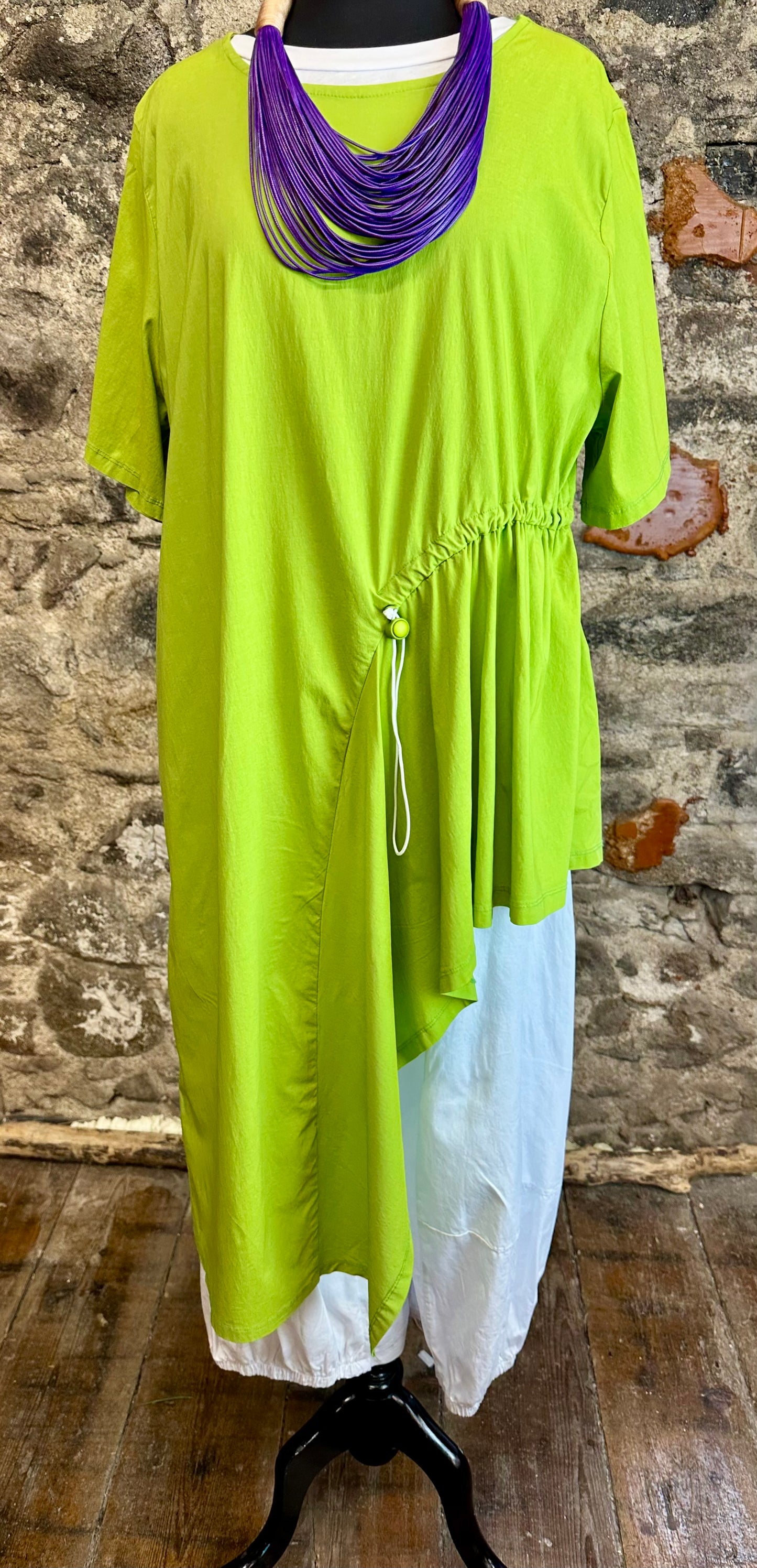 “Perri” apple green Italian asymmetric pull toggle tunic