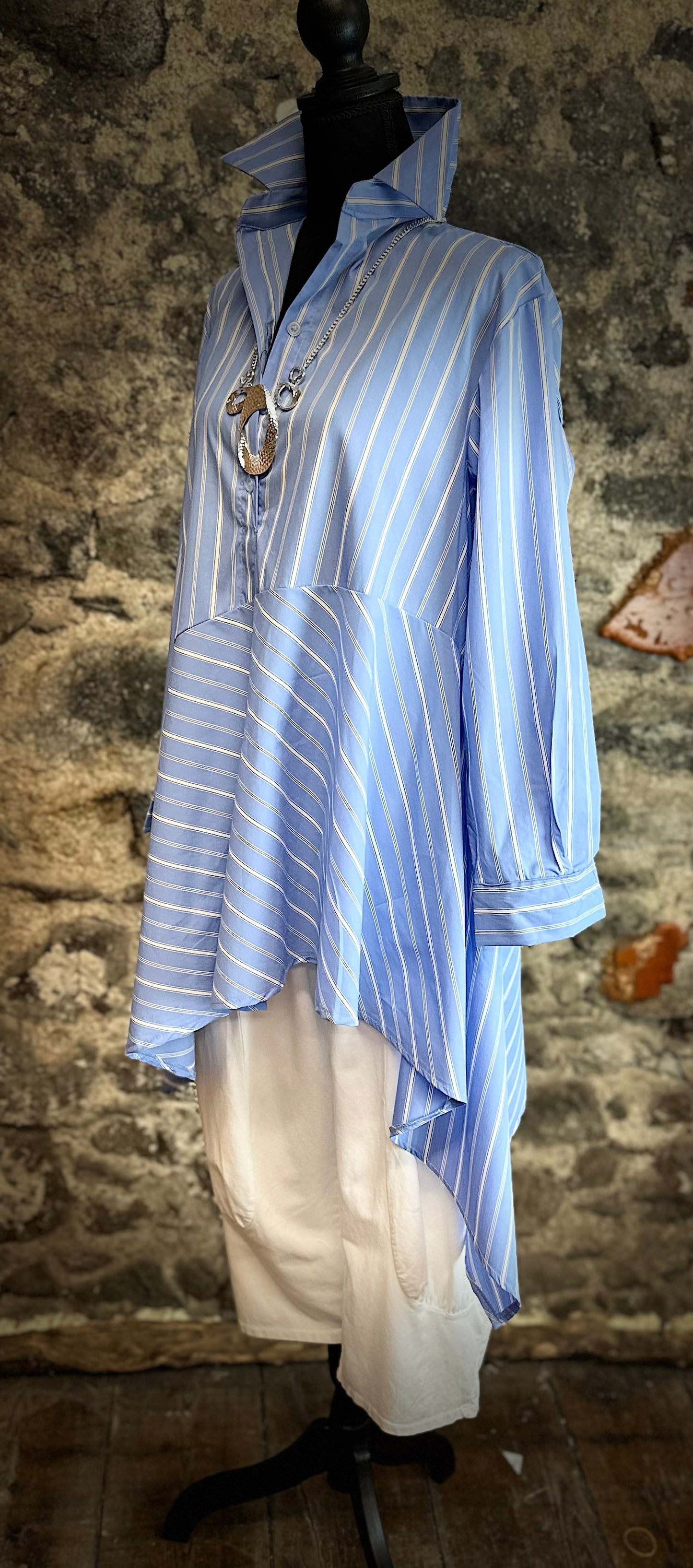 “Sofia “ sky blue Italian pinstriped asymmetric dress shirt