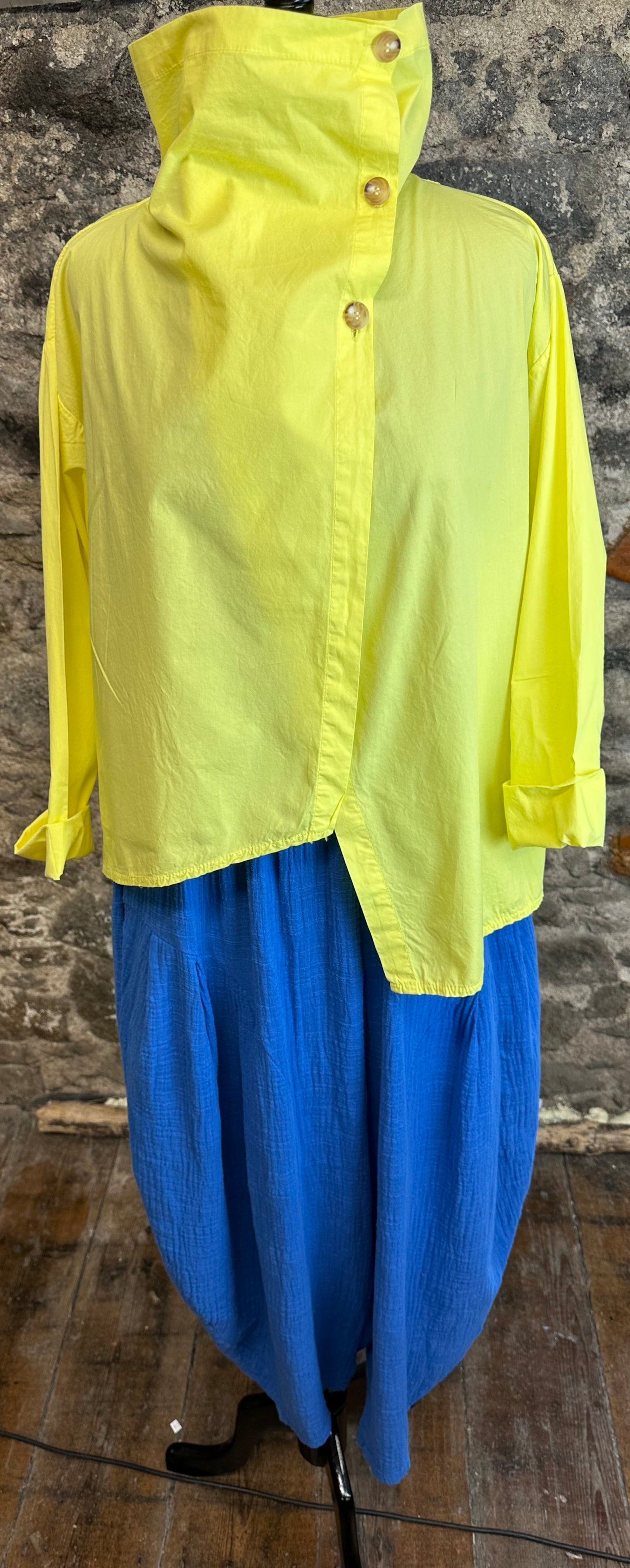 “Suzie “ sunshine yellow Italian funnel neck asymmetric cotton jacket