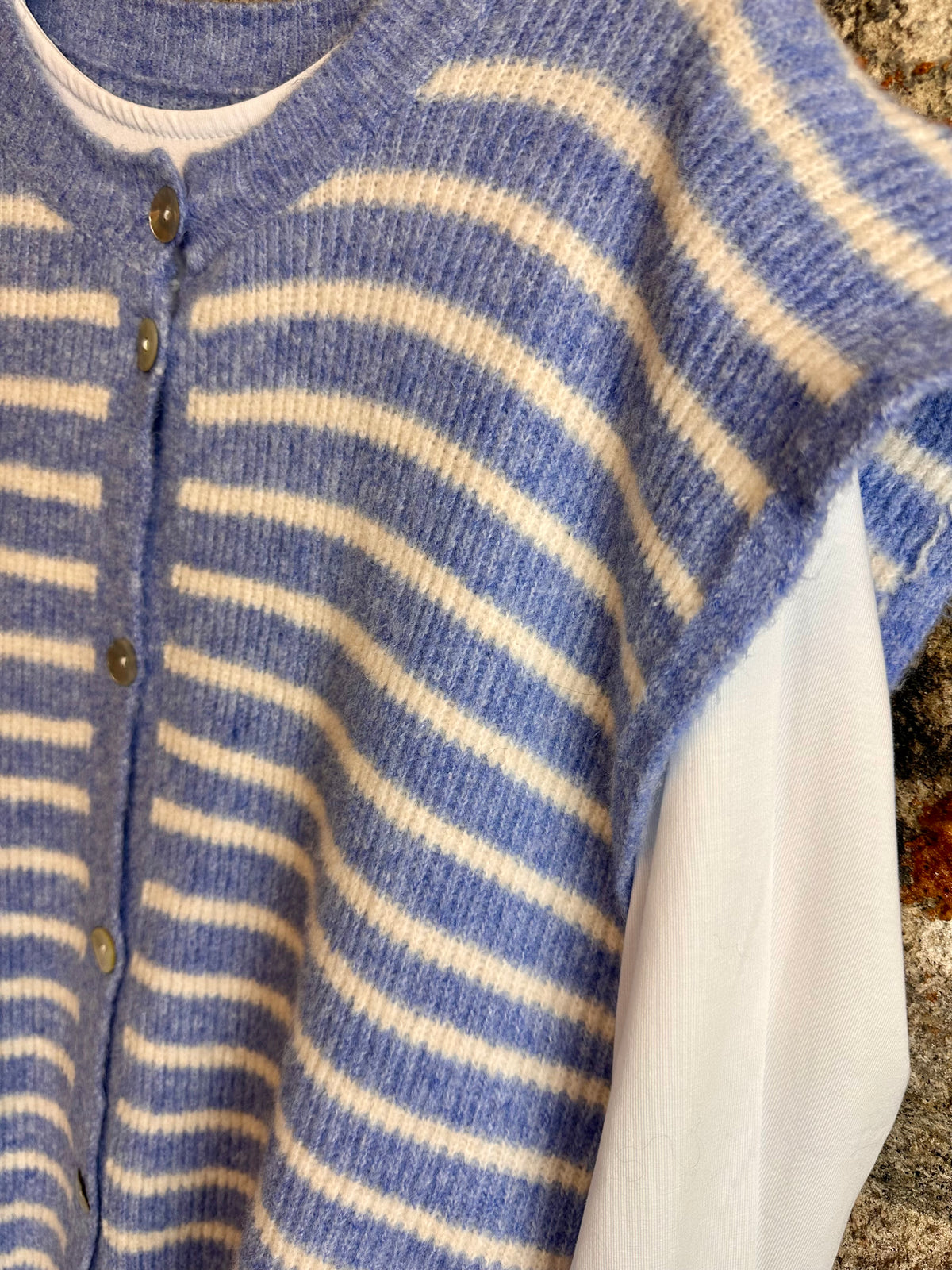 “Jessie” sky blue and cream Italian knit waistcoat