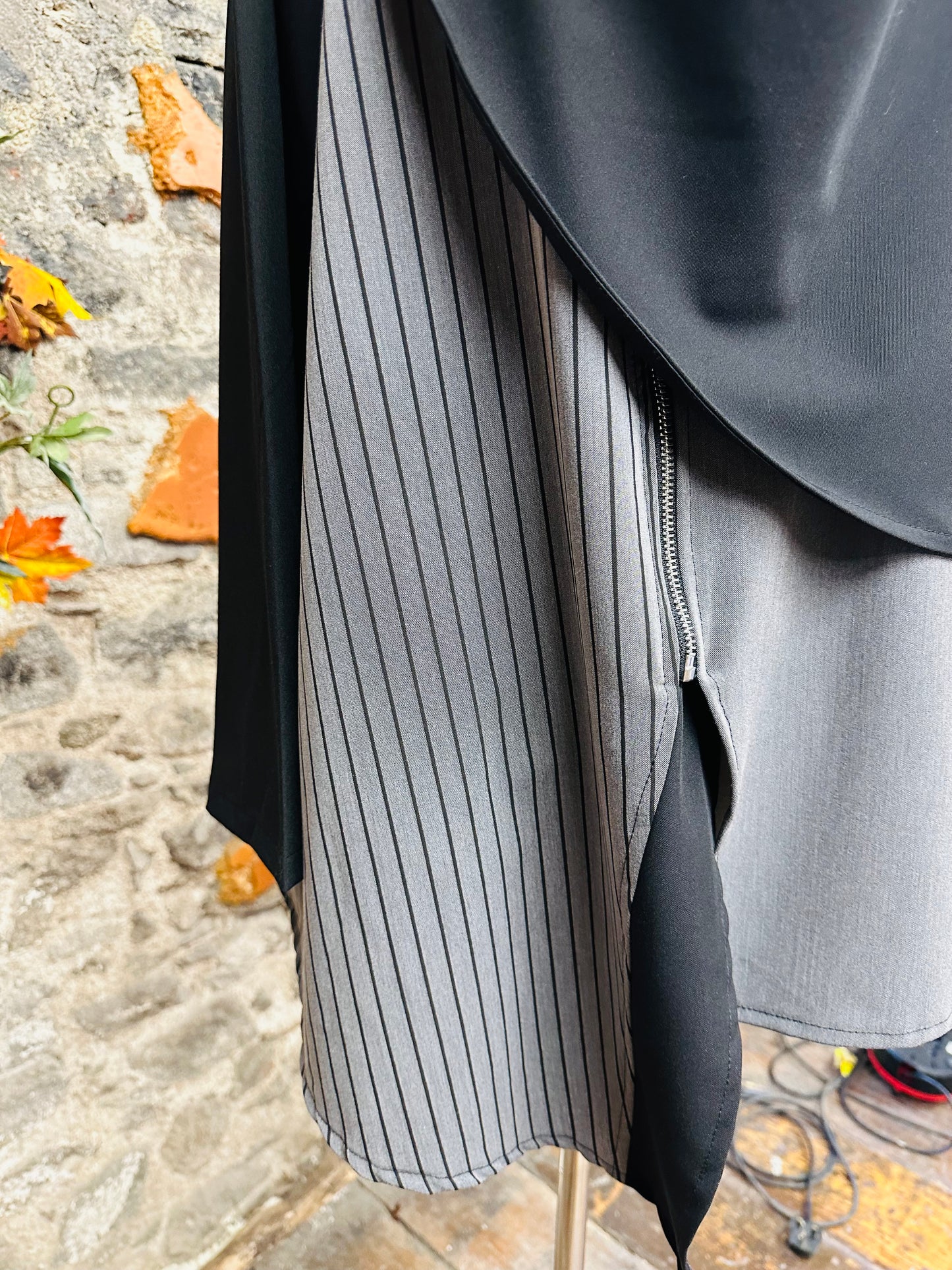 “Darci “ charcoal pinstripe unusual drape neck Italian jacket