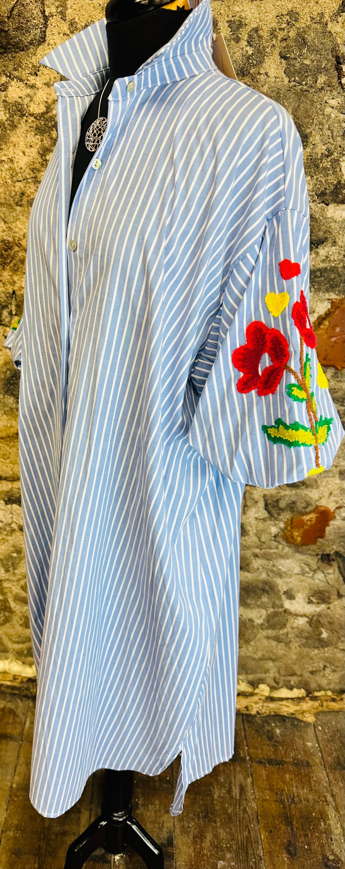 “Trina “ Italian blue stripe long dress shirt