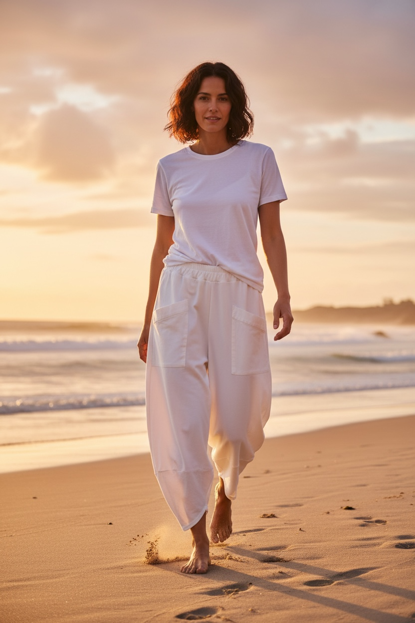“Chrissie” white Italian bucket pocket jersey cotton trousers