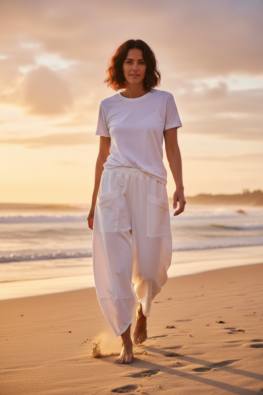 “Chrissie” white Italian bucket pocket jersey cotton trousers