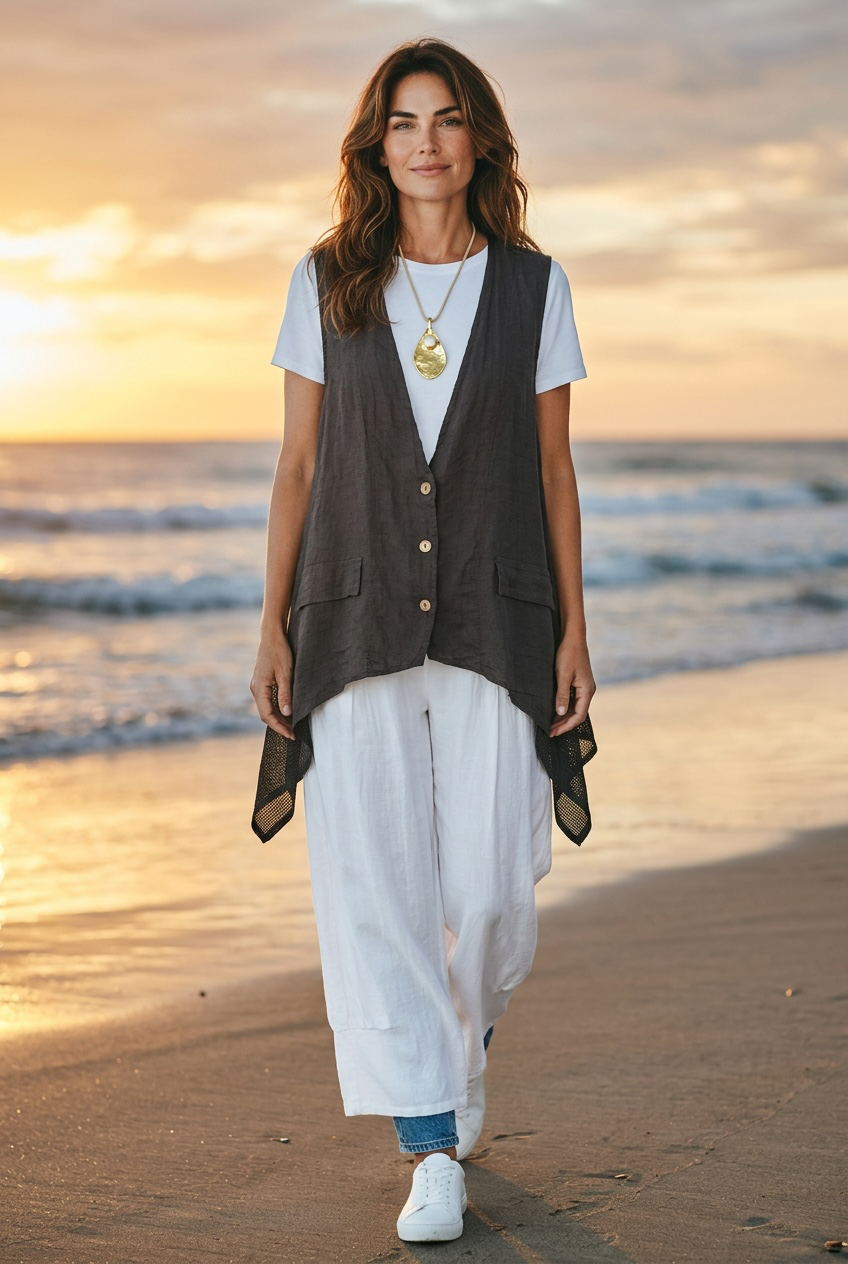 “Daisy “ chocolate linen Italian asymmetric waistcoat