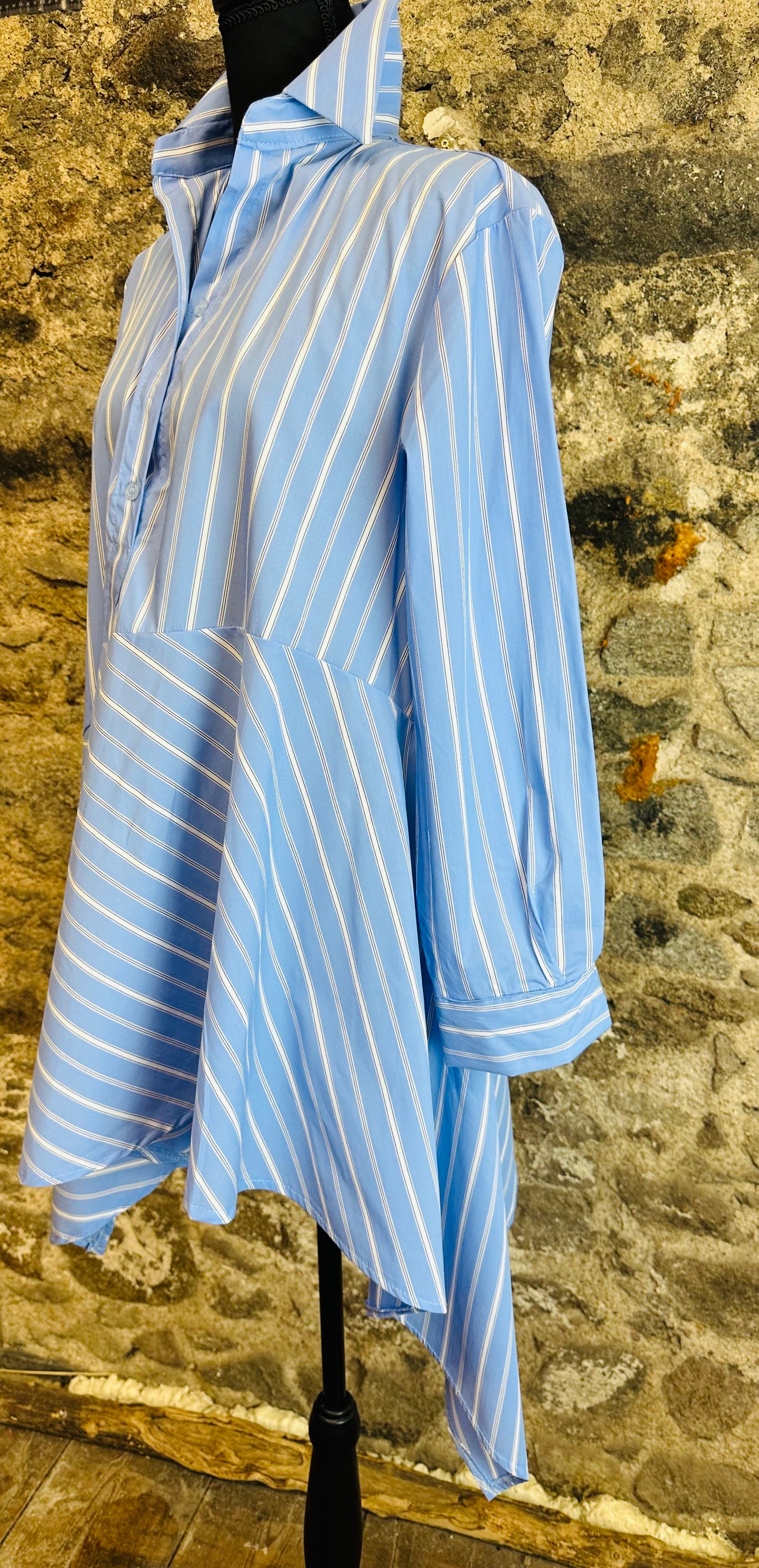 “Sofia “ sky blue Italian pinstriped asymmetric dress shirt
