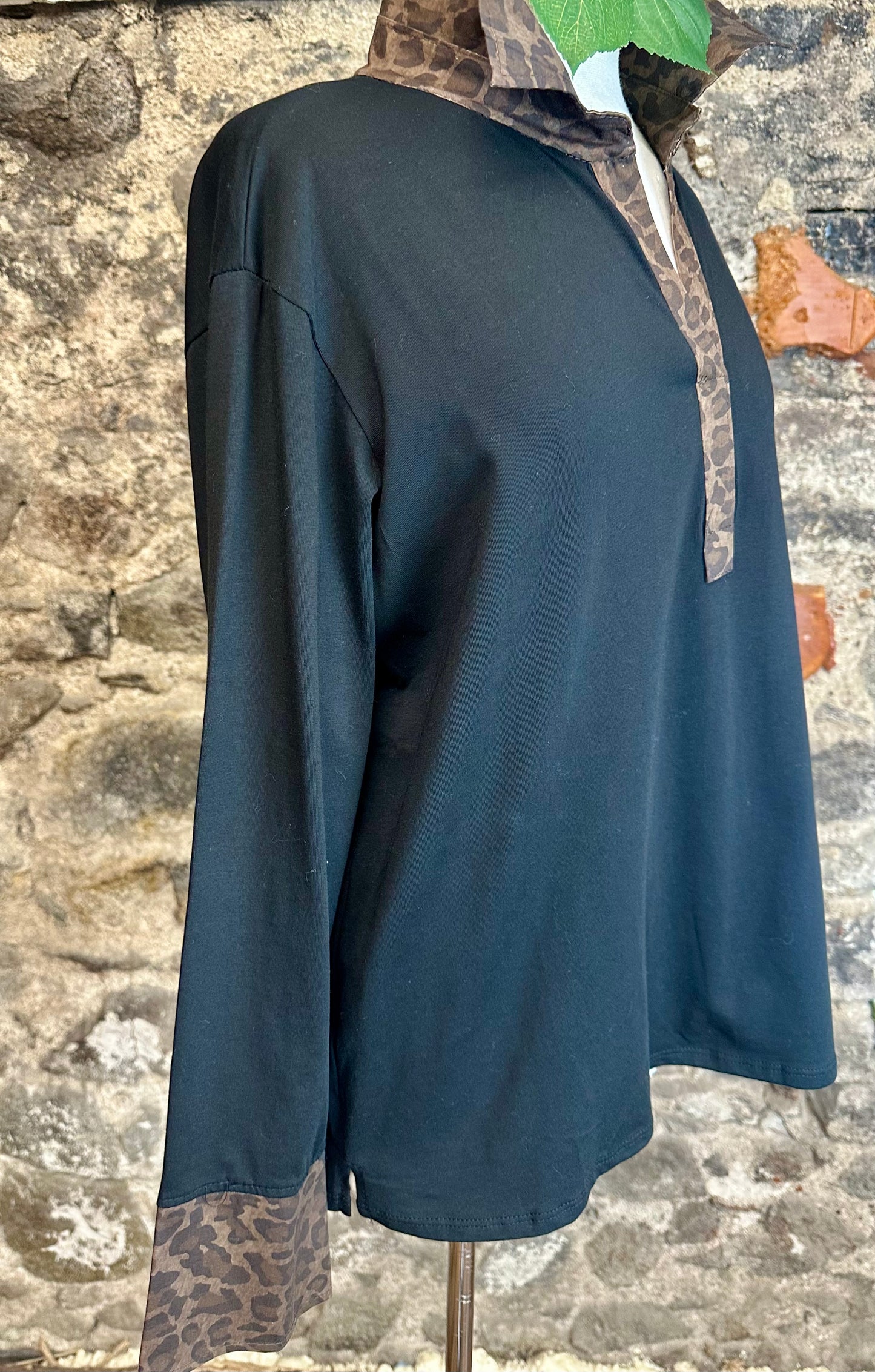 “Lou Lou “ jet black collared animal print Italian shirt