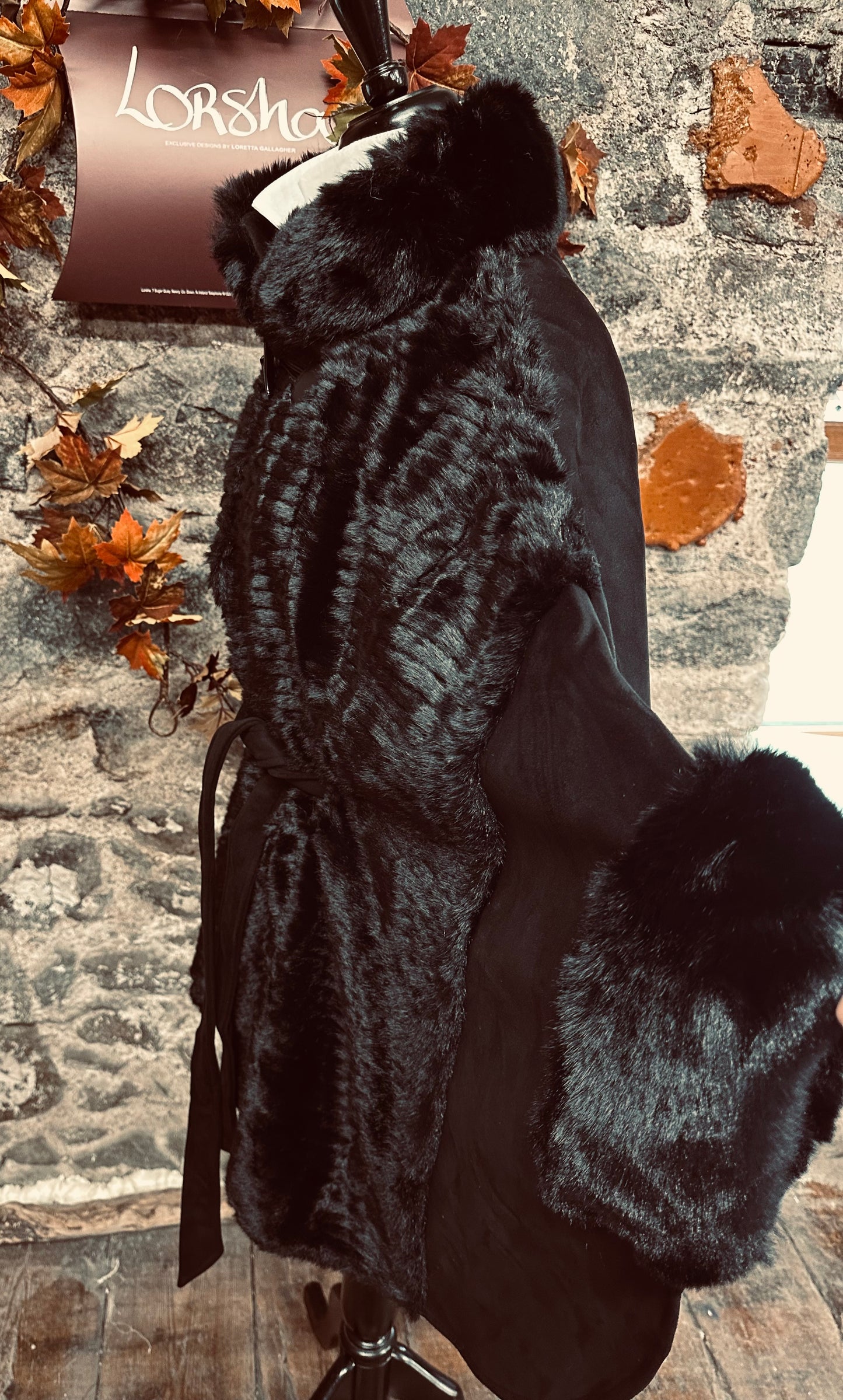 “Regina “ Ebony suedette coat cape with vegan fur