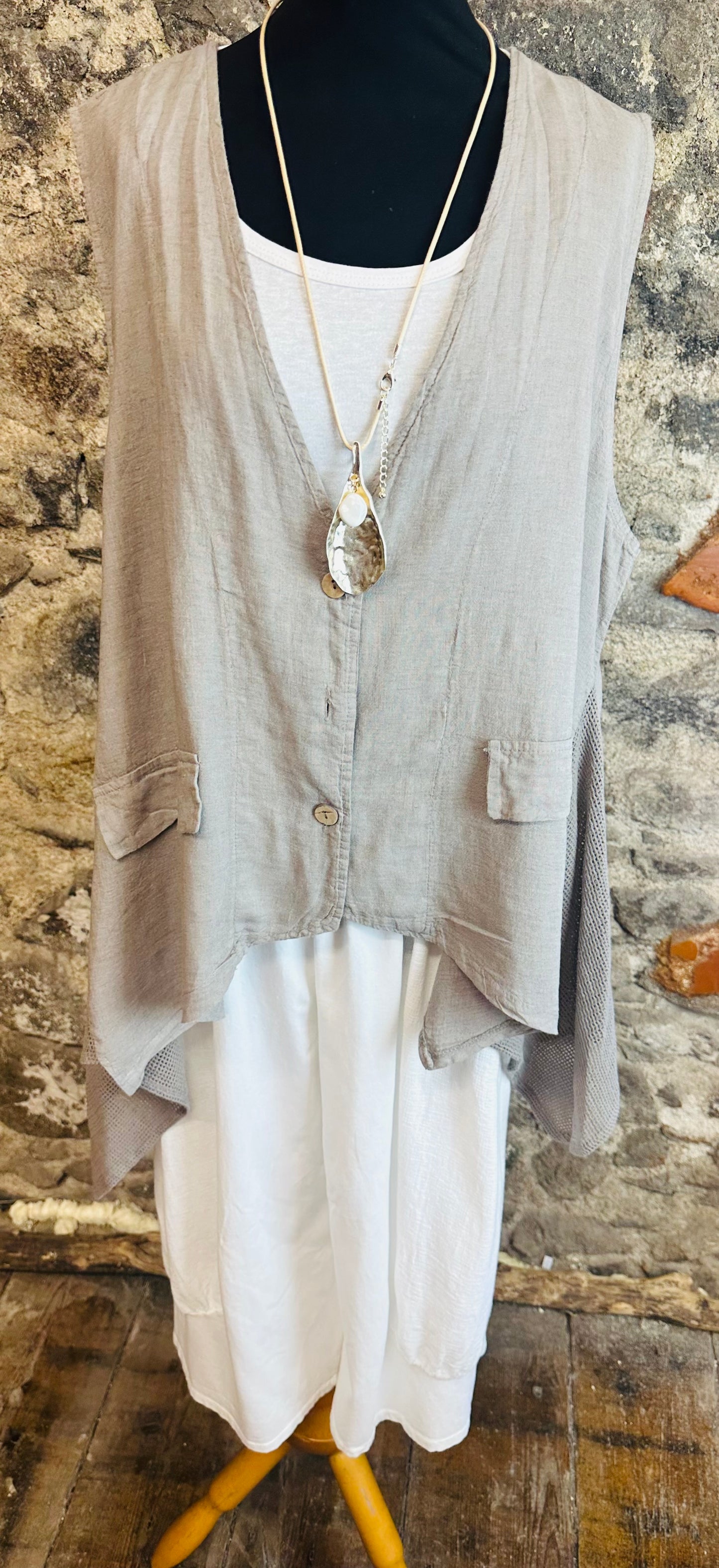 “Daisy “ mocha Italian asymmetric Italian linen waist coat