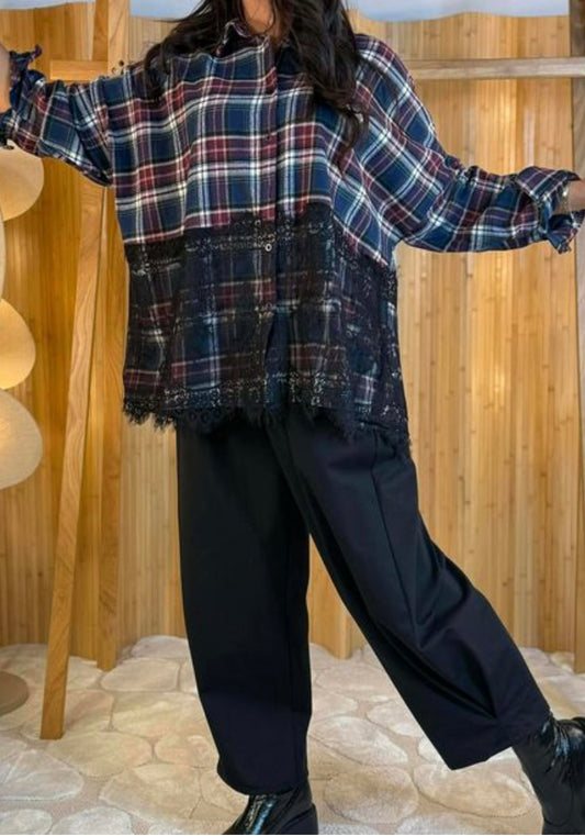 “NAIA “ plaid brush cotton and lace overlay shirt