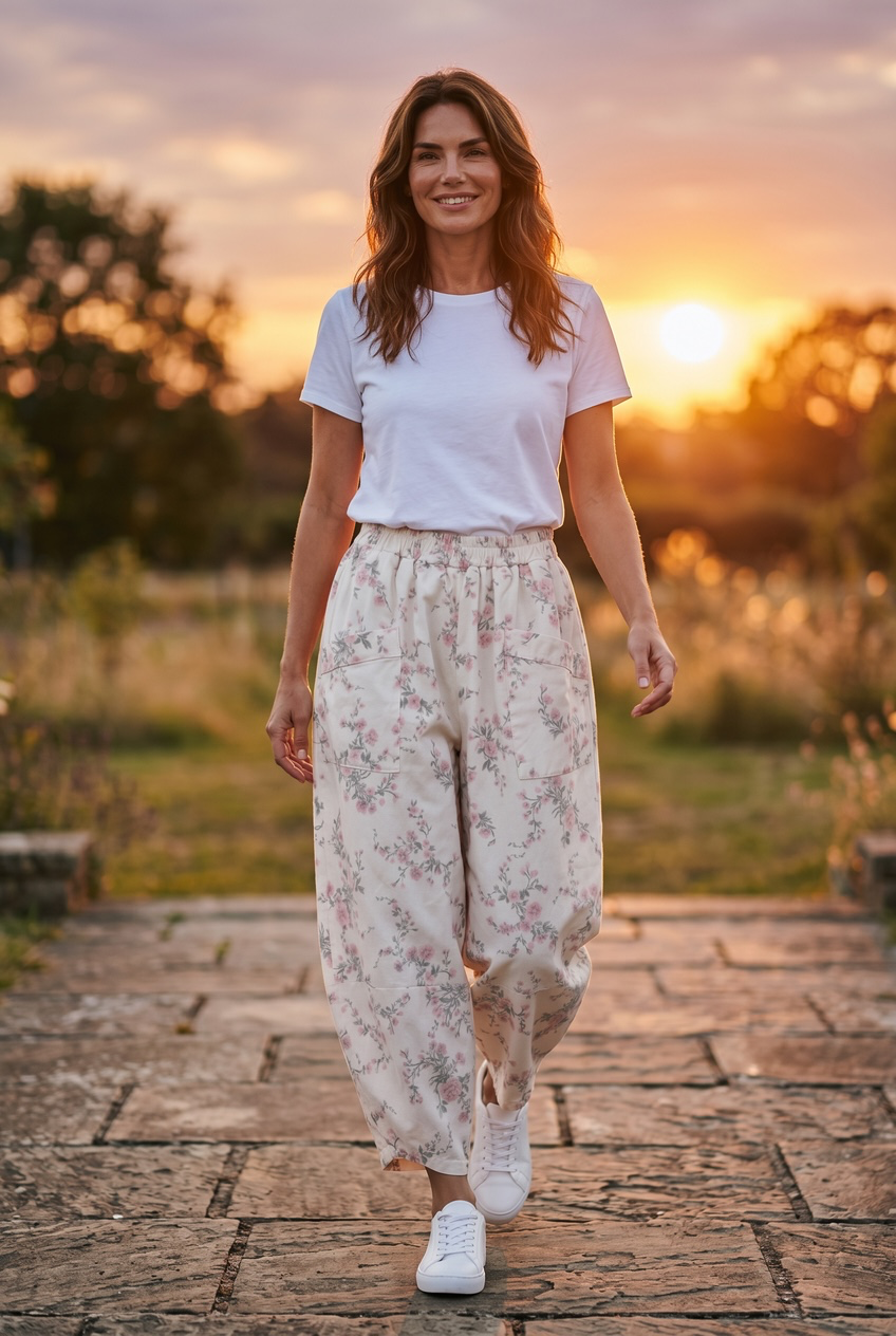 “Mandi” cream floral cocoon delicate flower pattern Italian trouser