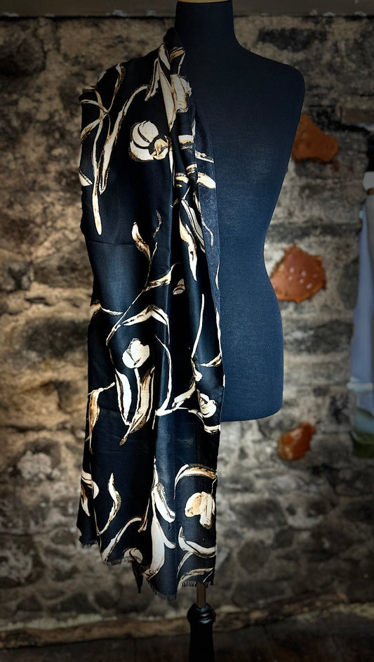 Ebony and stone delicate abstract floral large wrap