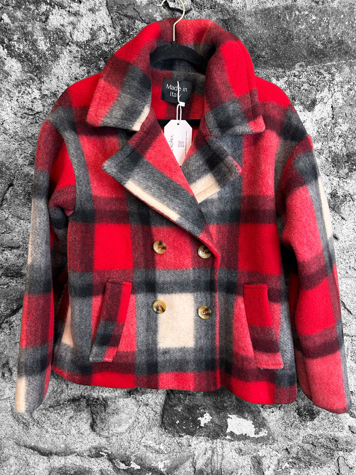 “Rita” Italian cherry charcoal and ivory check wool mix shacket cosey coat