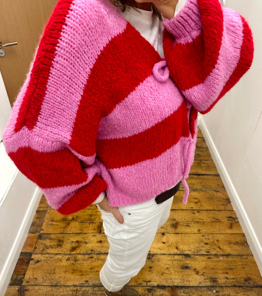 “Safia” pink and red stripe cosey cardi