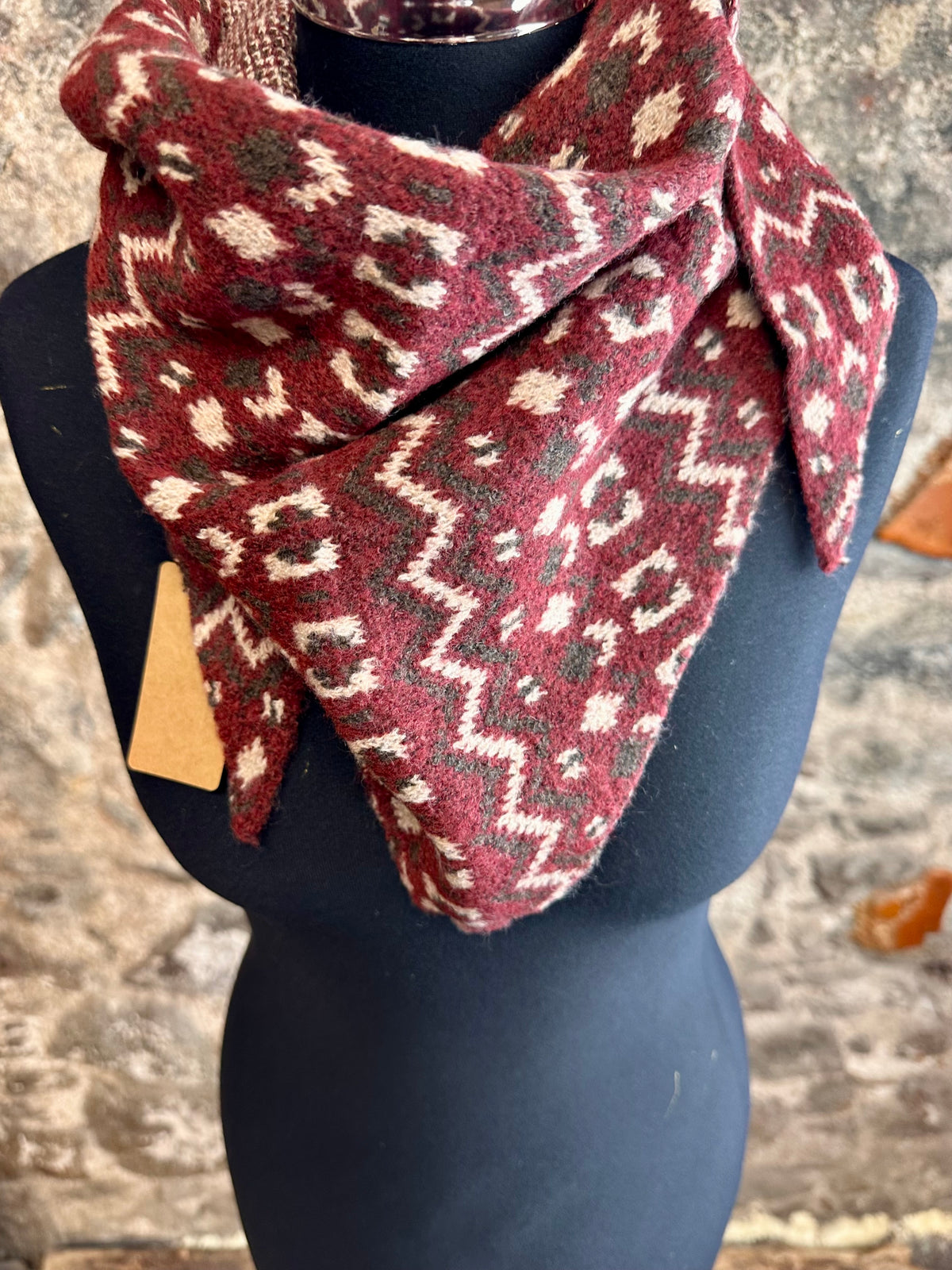 Nordic fair isle burgundy triangle knit scarf
