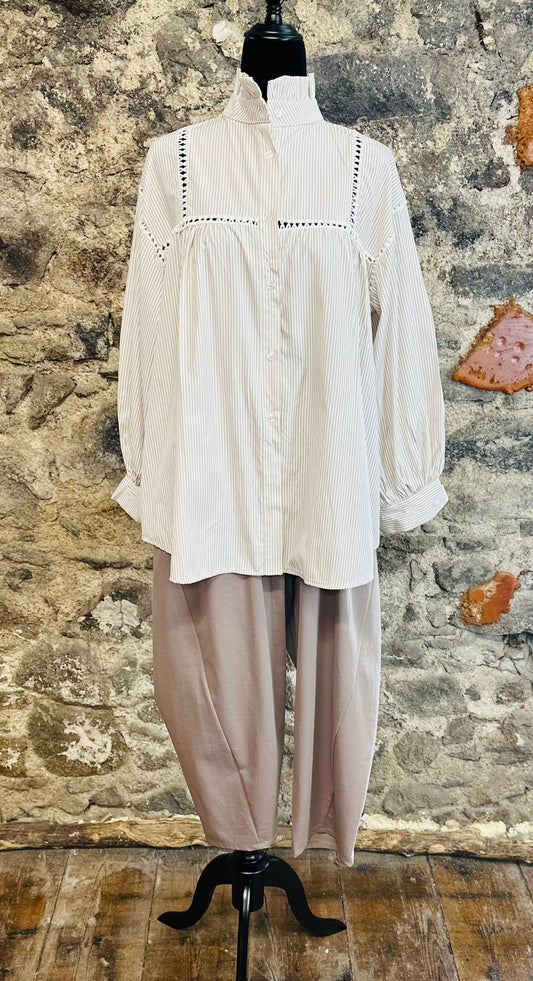 “Annabelle”pinstripe mocha and ivory pilgrim ruffle italain shirt