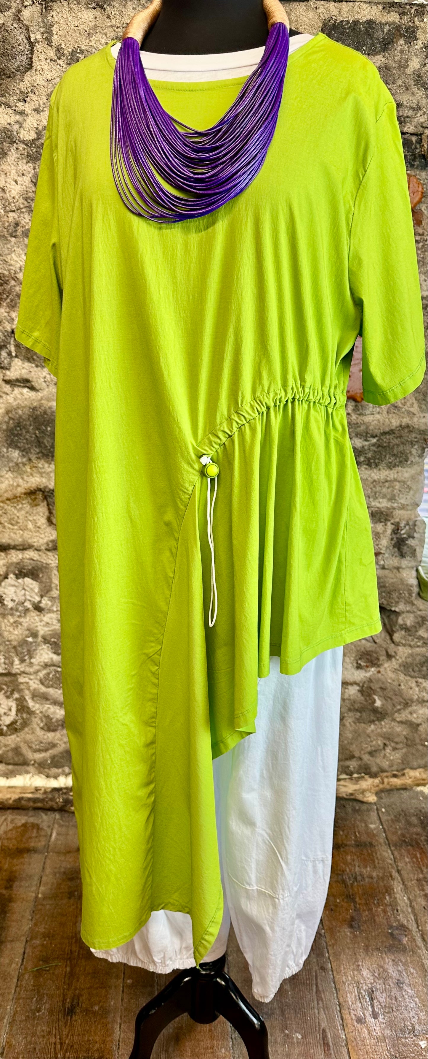 “Perri” apple green Italian asymmetric pull toggle tunic