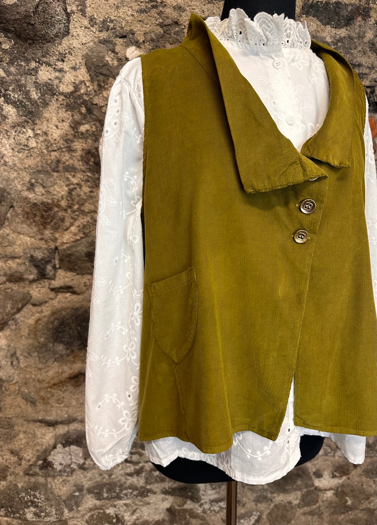 “Kellie” orchard green pin corduroy Italian waistcoat