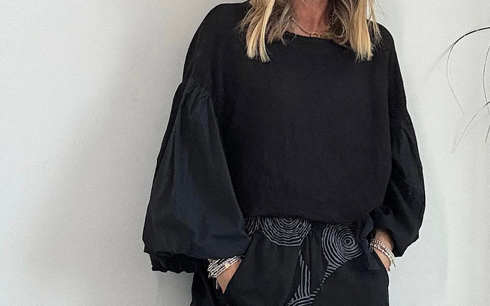 “Petra “ black linen cotton sleeve Italian blouse