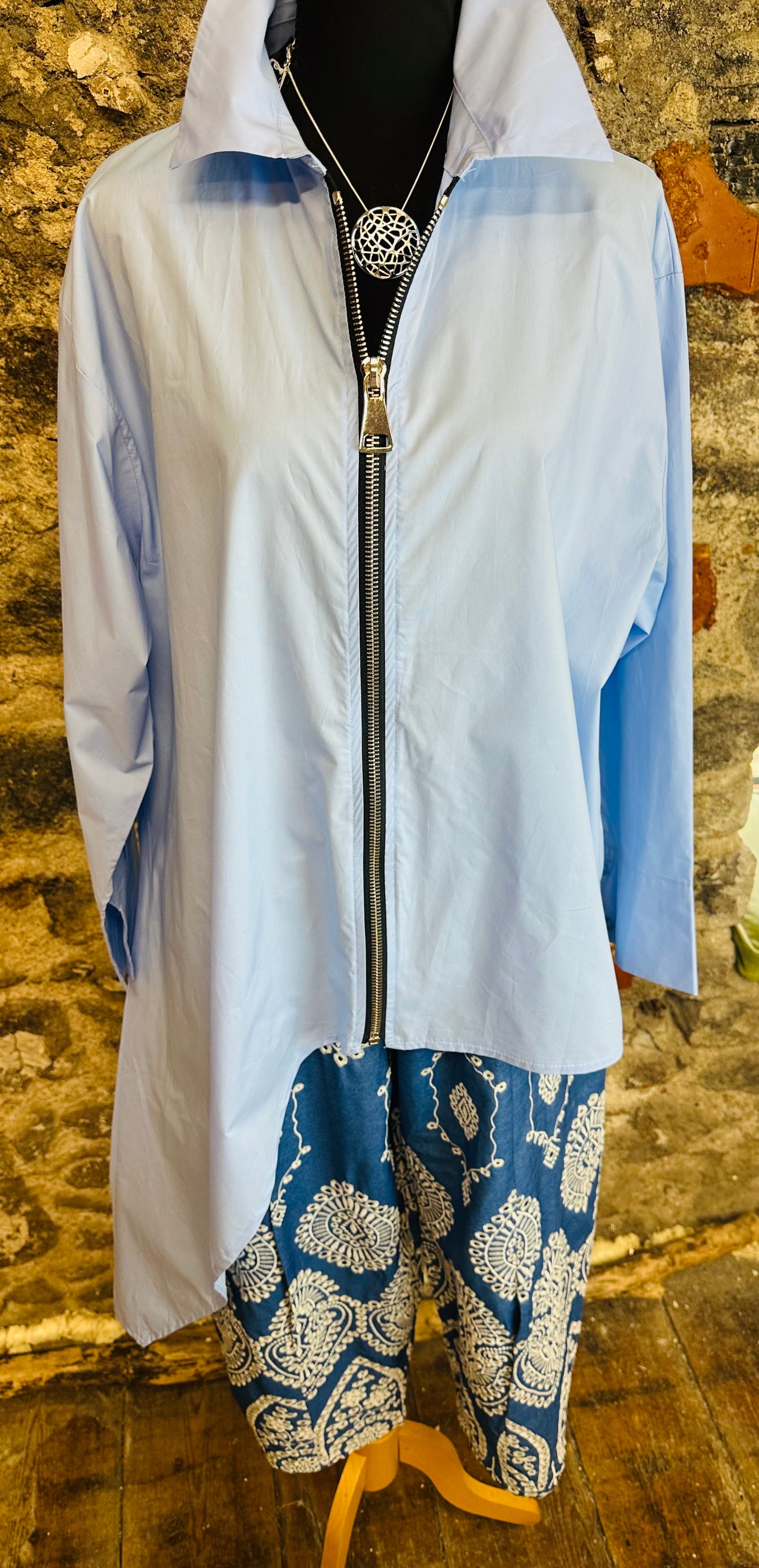 “Serrin “ powder blue asymmetric dramatic Italian shirt