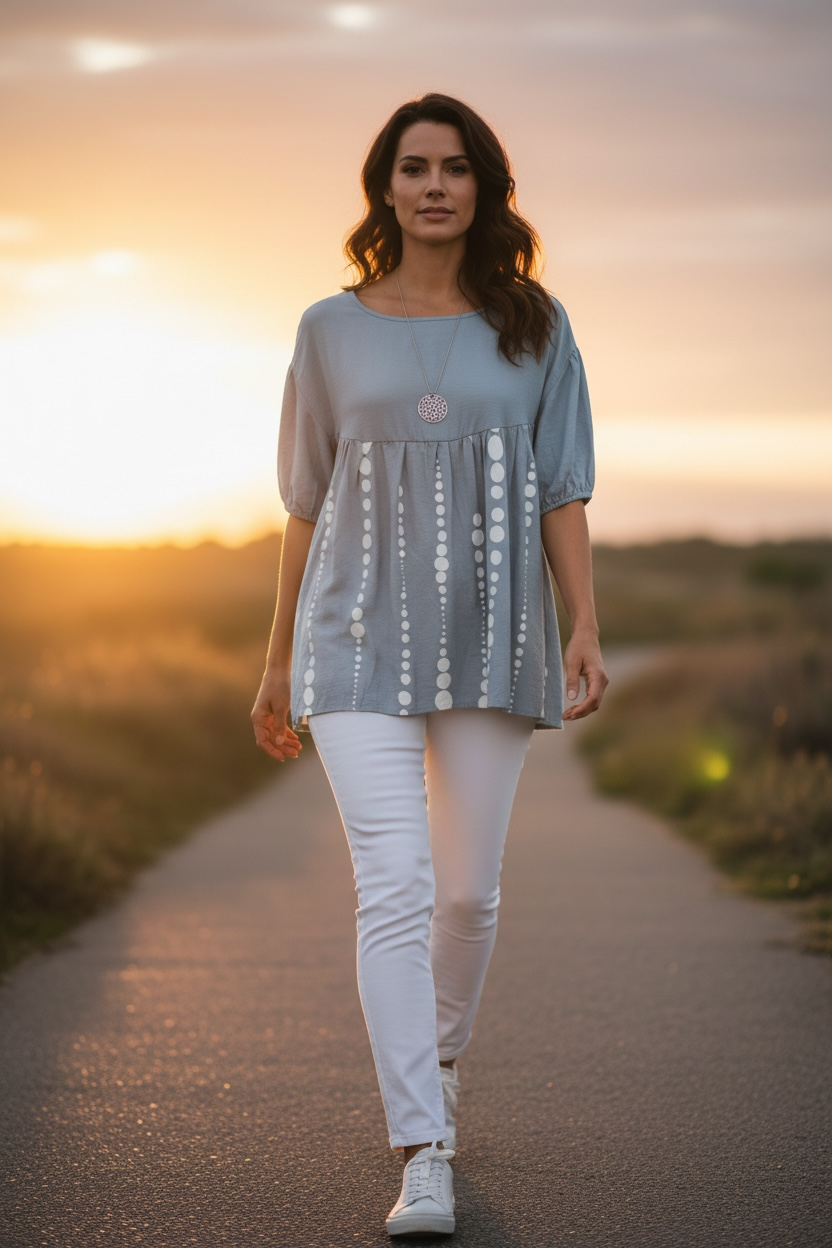 “Davina “ cloudy blue Italian gathered empire line tunic