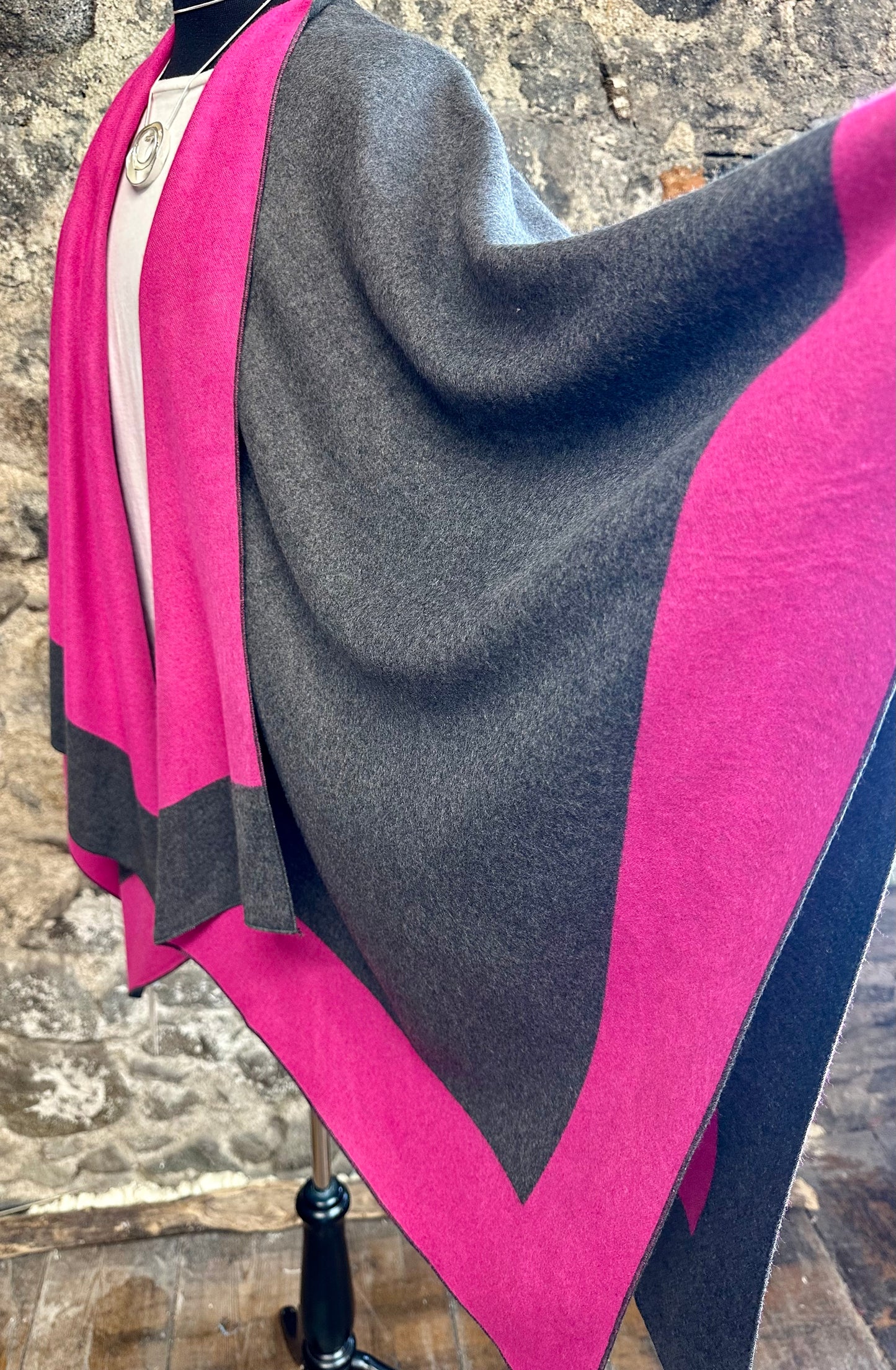“Roberta “ cerise and charcoal grey cape wrap