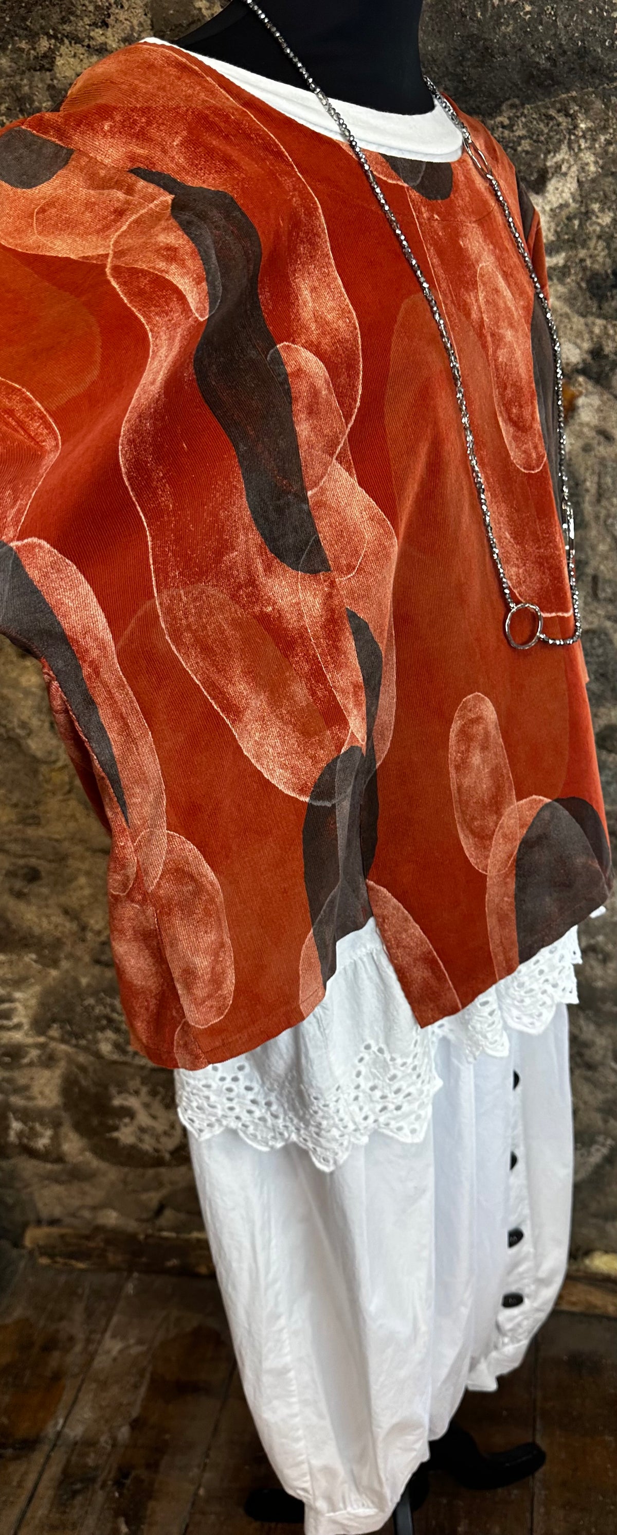 “Betty “ Italian pin corduroy russet and charcoal tunic