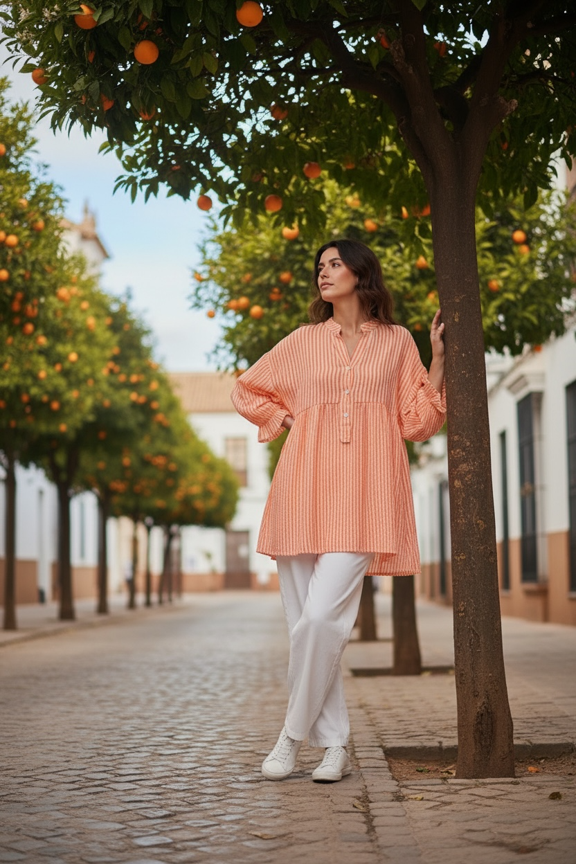 “Jennie “ tangerine neon and cream stripe Italian tunic