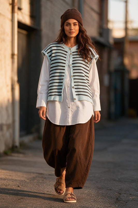 “Jessie” sky blue and chocolate stripe Italian knit waistcoat