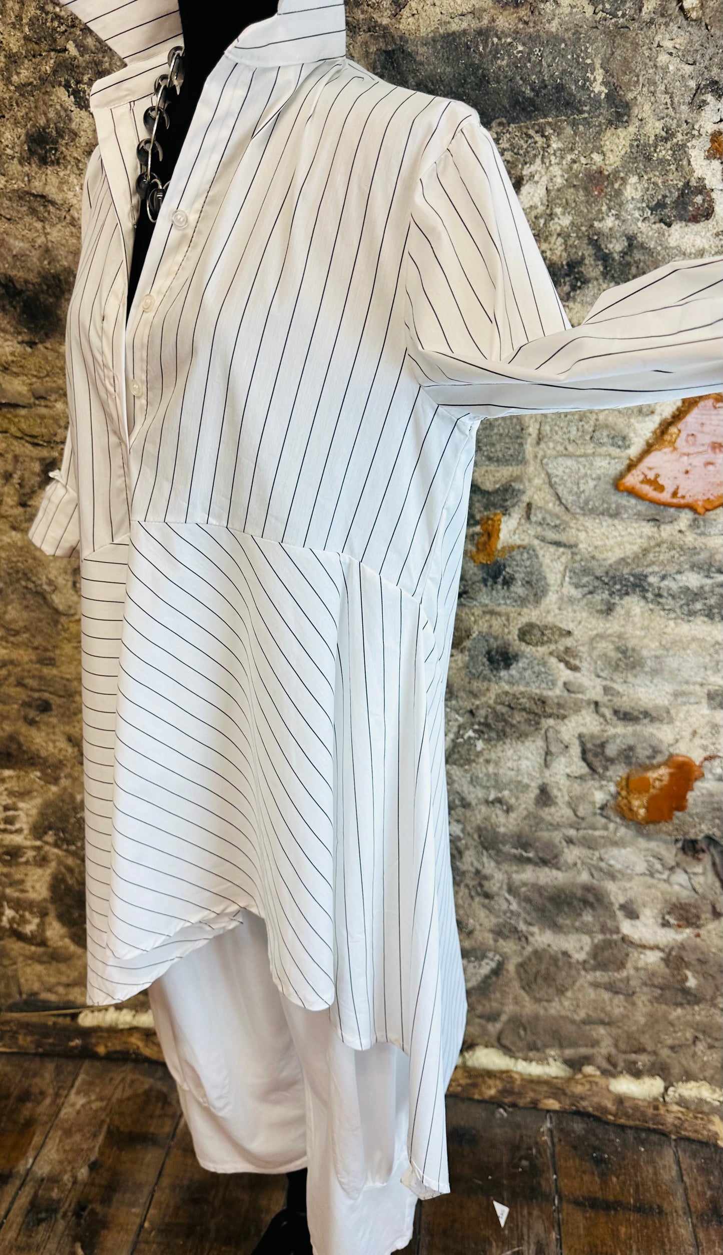 “Sofia “ Italian asymmetric dress shirt white pinstriped