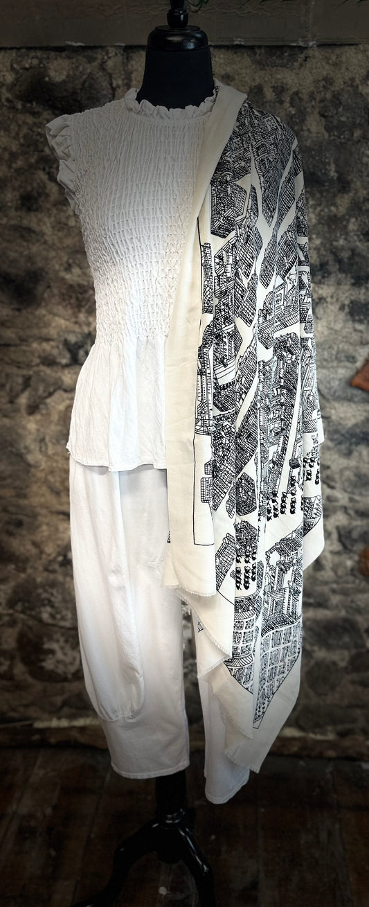 White and black architectural drawing wrap