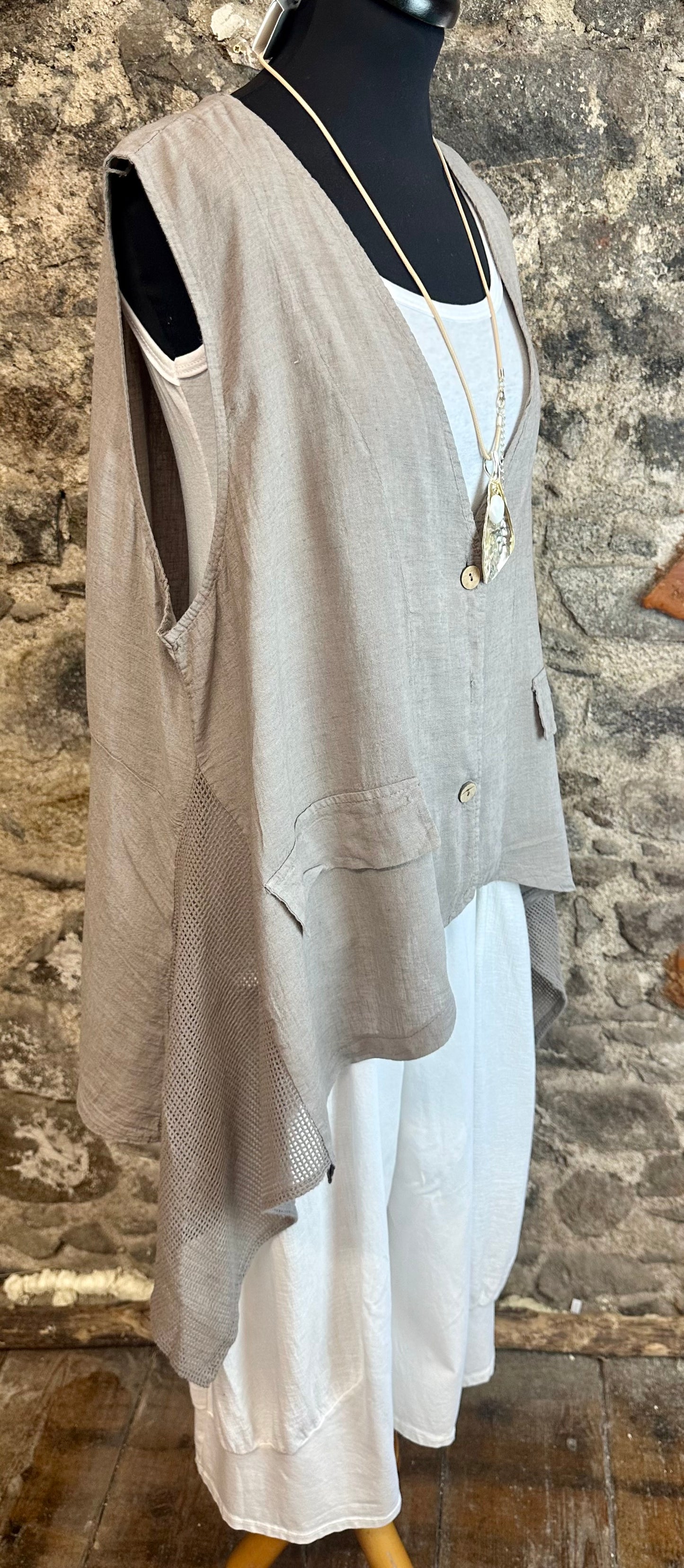 “Daisy “ mocha Italian asymmetric Italian linen waist coat