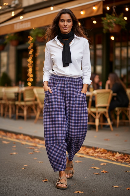 “Riley “ navy and lilac plaid Italian cocoon pants