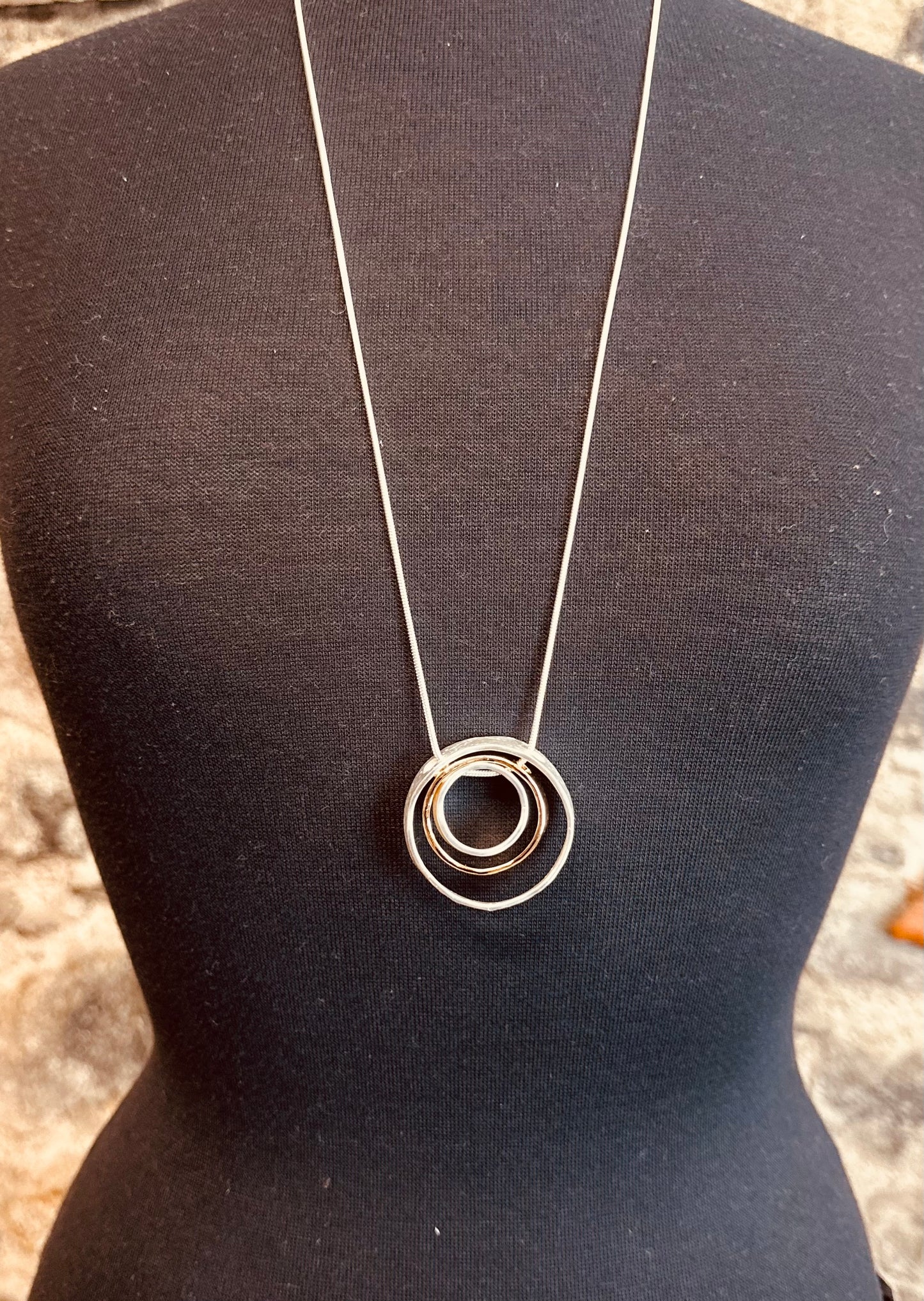 Statement 3 circle silver and gold plated long necklace