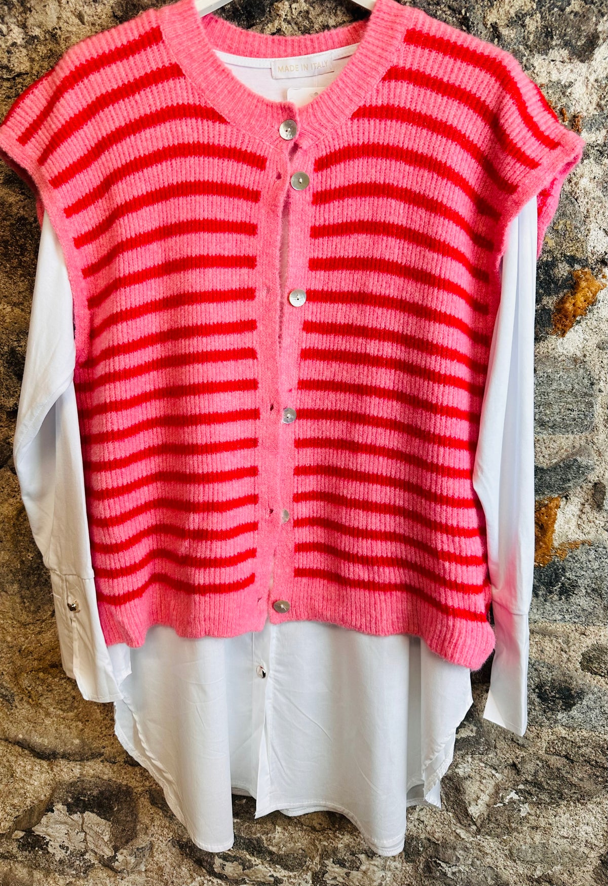 “Jessie “ red and pink stripe Italian knit waistcoat